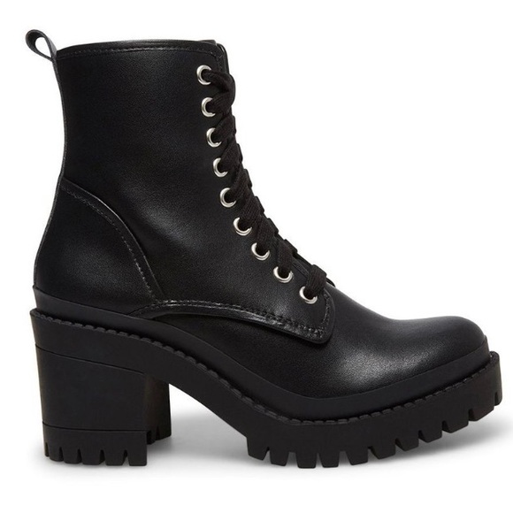 LIKE NEW Steve Madden GENUINE LEATHER Lace Up Black Combat Boots Sz 9 - Picture 2 of 4